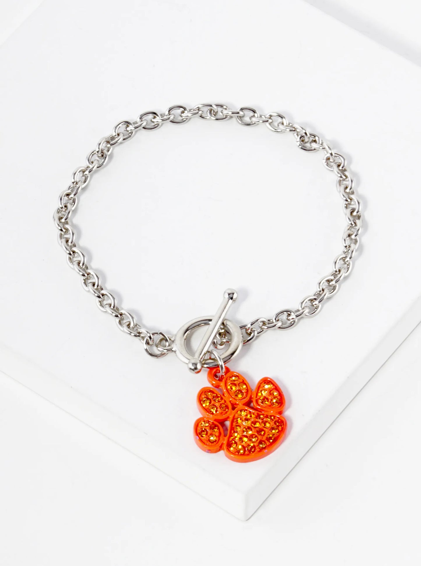 Crystal Pave Dog Paw Game Day Mascot Charm Toggle Closure Chain Bracelet