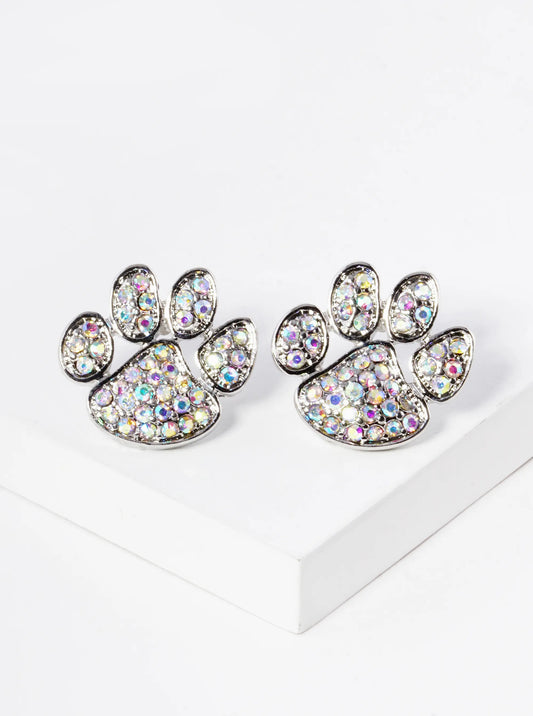 Crystal Pave Dog Paw Game Day Mascot Post Stud Earrings
