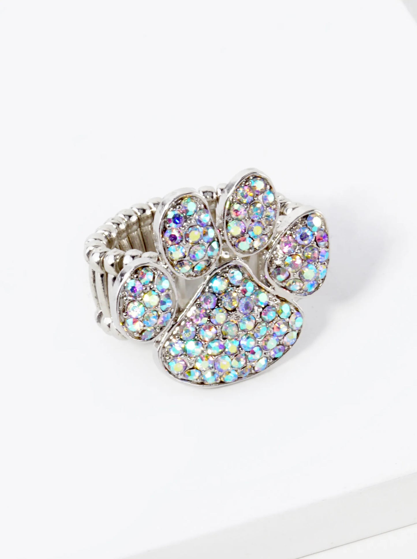 Crystal Pave Dog Paw Game Day Mascot Stretch Ring