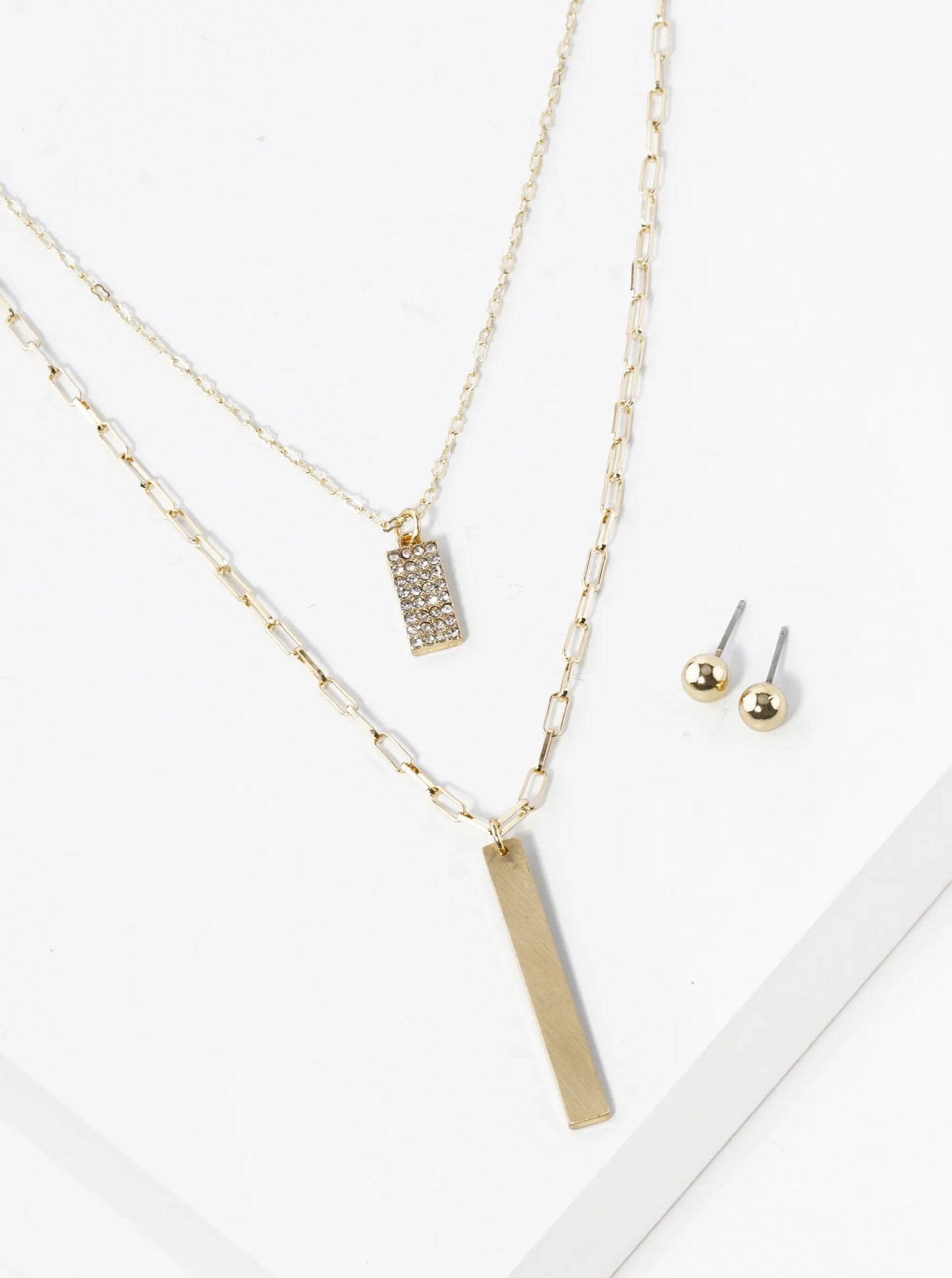 Crystal Pave Double Bar Pendant Dual Layer Necklace