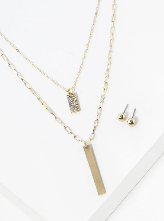 Crystal Pave Double Bar Pendant Dual Layer Necklace