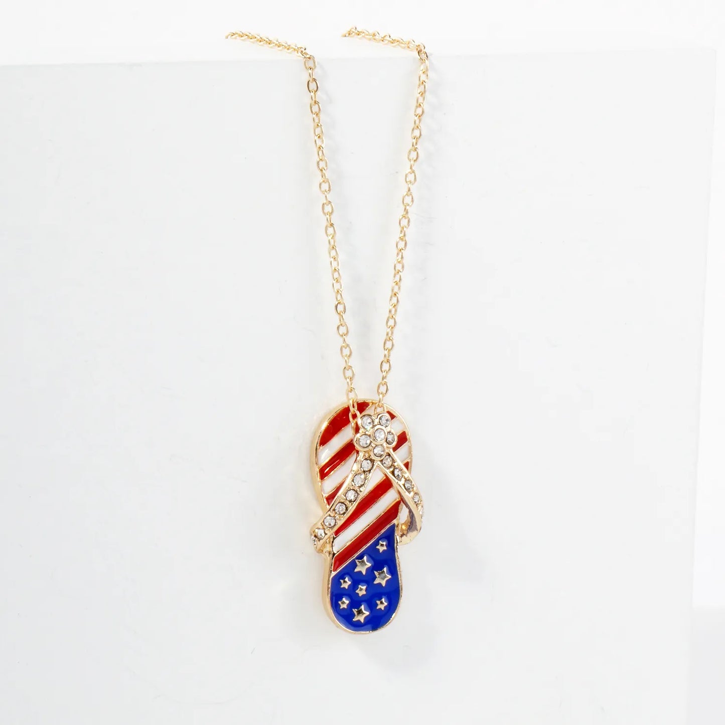 Crystal-Pave Enamel Flip Flops Pendant Patriotic-Theme Necklace