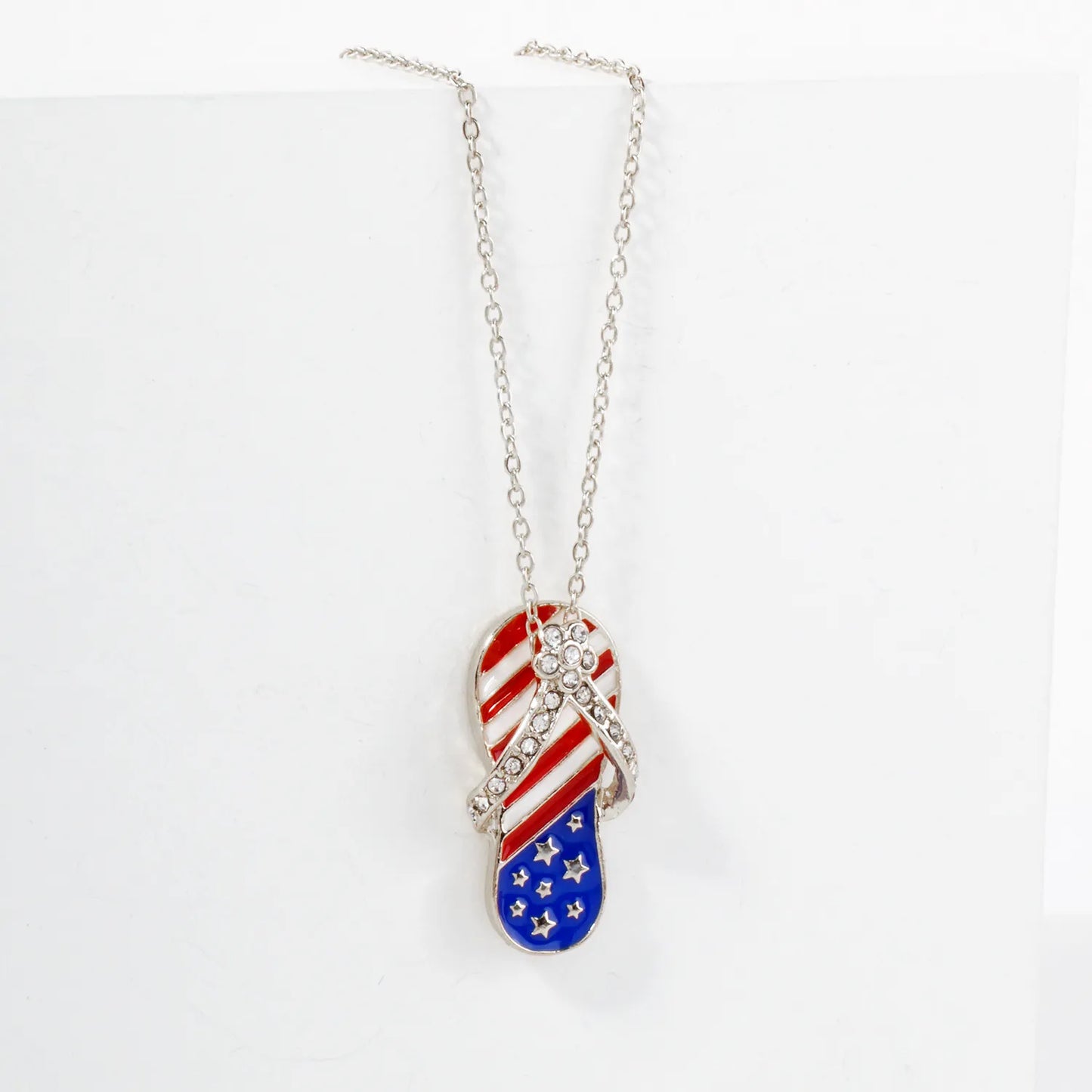 Crystal-Pave Enamel Flip Flops Pendant Patriotic-Theme Necklace