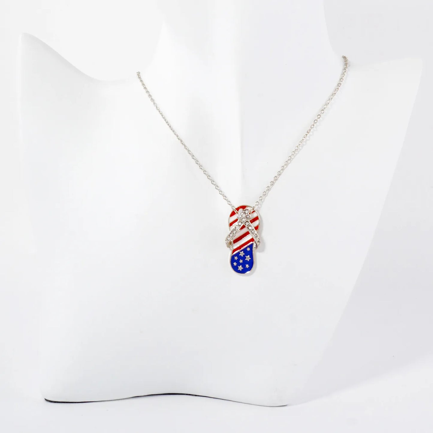 Crystal-Pave Enamel Flip Flops Pendant Patriotic-Theme Necklace