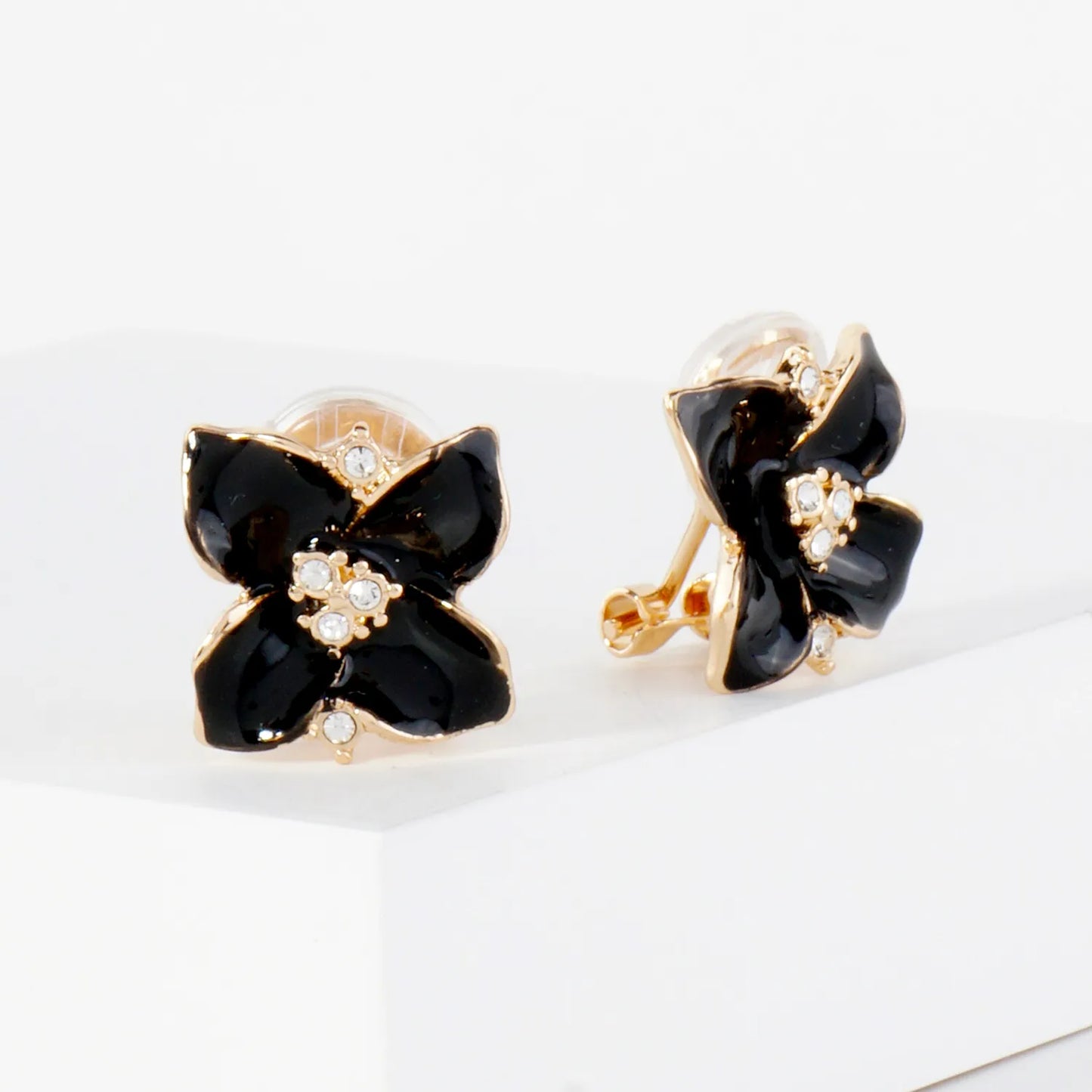 Crystal-Pave Enamel Flower Clip-On Earrings