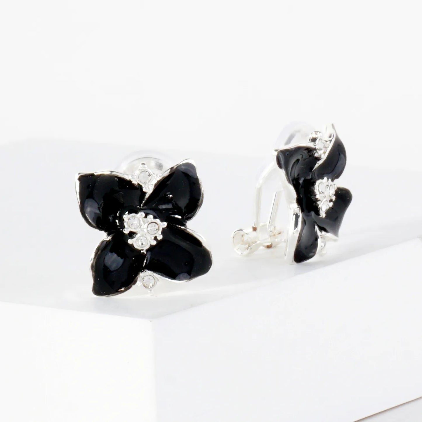 Crystal-Pave Enamel Flower Clip-On Earrings