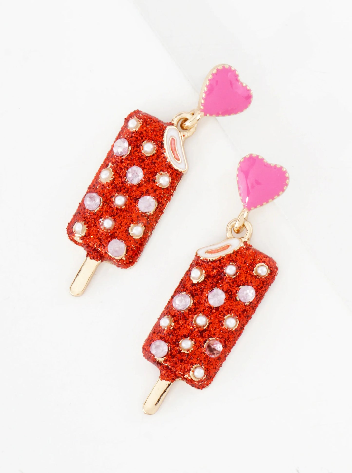 Crystal-Pave Enamel Popsicle Ice-Cream Drop Heart Post Dainty Earrings