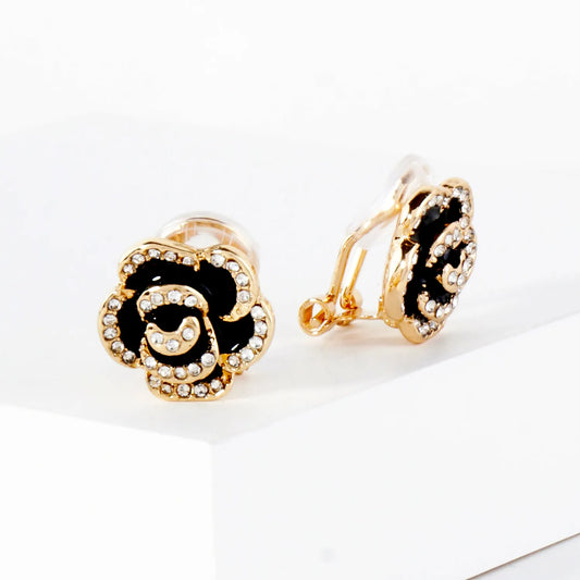 Crystal-Pave Enamel Rose Flower Clip-On Earrings