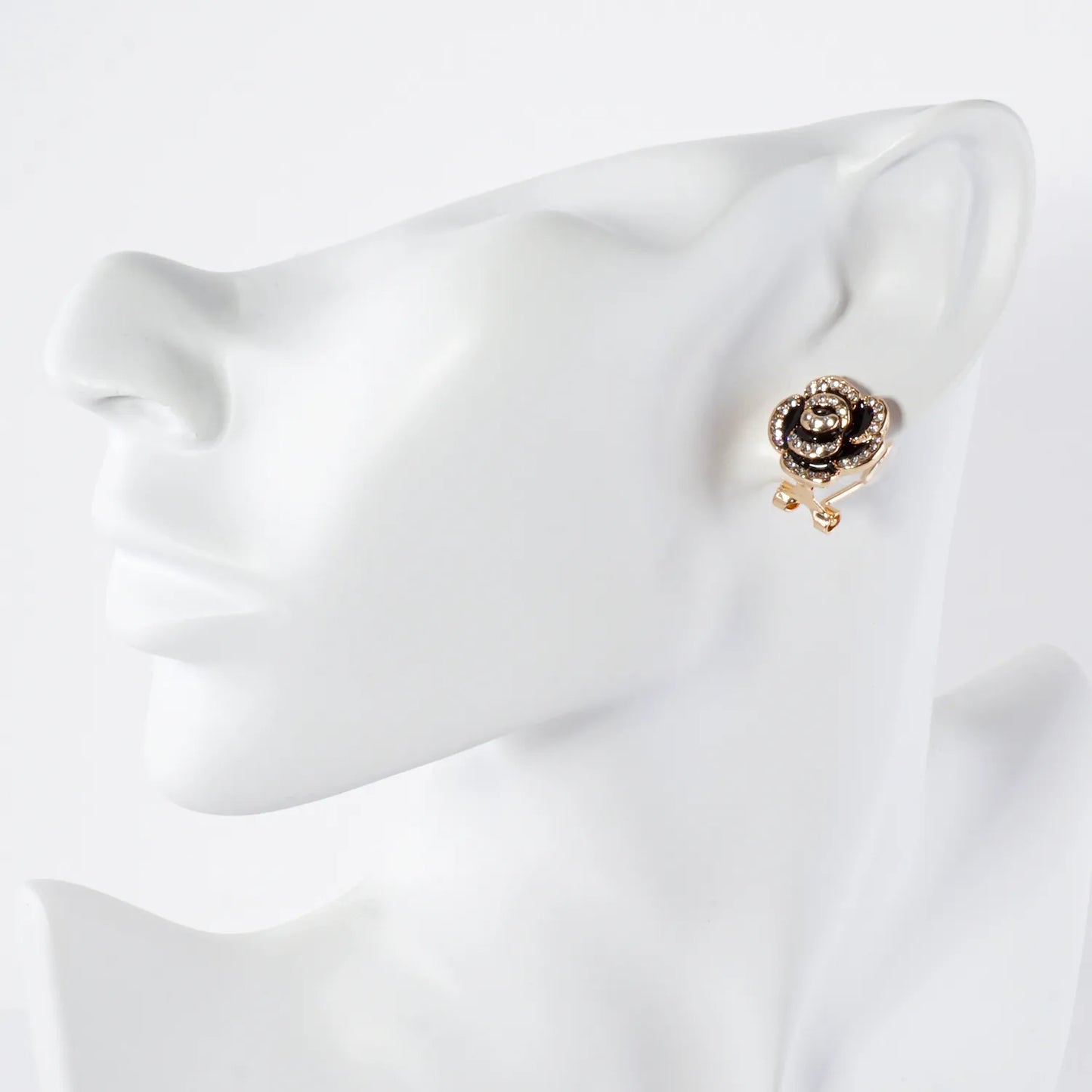 Crystal-Pave Enamel Rose Flower Clip-On Earrings
