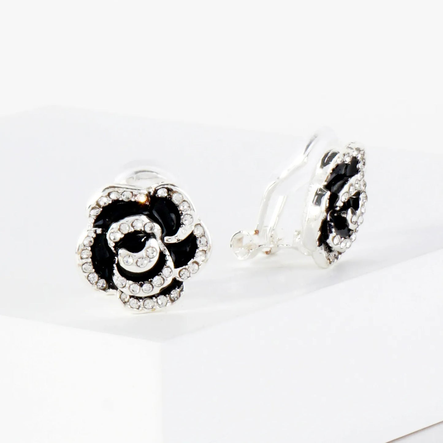 Crystal-Pave Enamel Rose Flower Clip-On Earrings