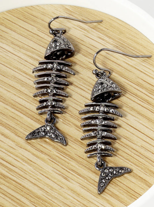 Crystal Pave Fishbone Dangle Drop Earrings