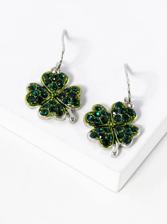 Crystal Pave Four-Leaf Clover Drop Earrings