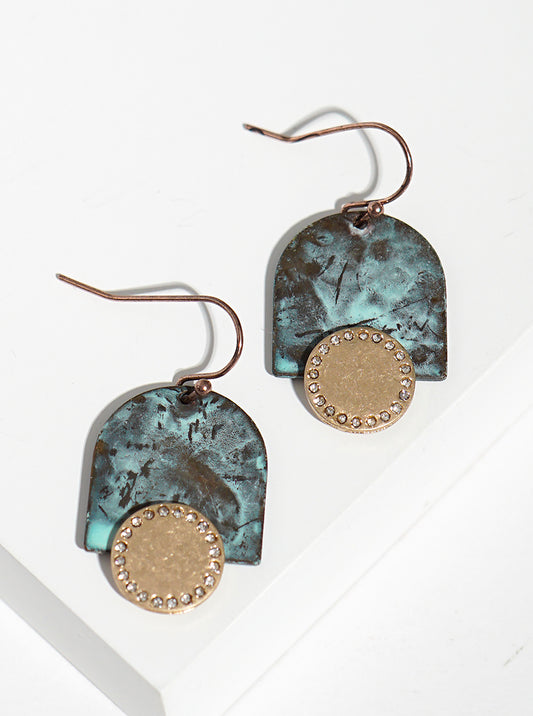Crystal Pave Hammered Metal Geometric Shaped Fish Hook Dangle Drop Earrings