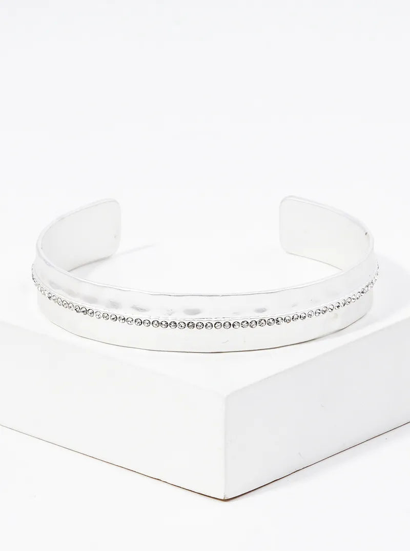 Crystal Pave Hammer Textured Metal Open Cuff Bracelet