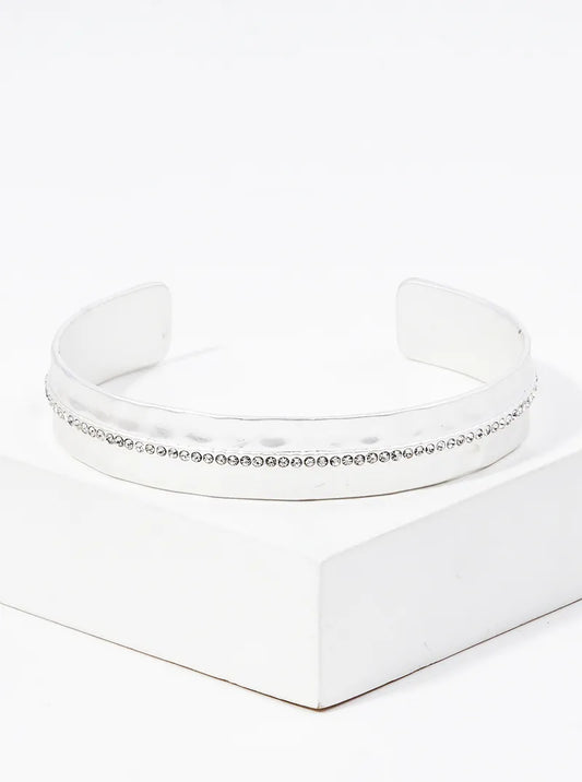 Crystal Pave Hammer Textured Metal Open Cuff Bracelet