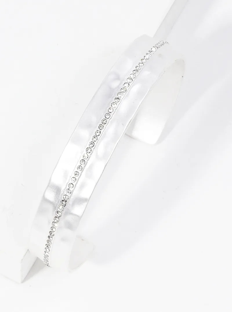 Crystal Pave Hammer Textured Metal Open Cuff Bracelet