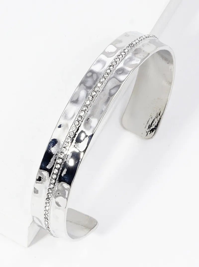 Crystal Pave Hammer Textured Metal Open Cuff Bracelet