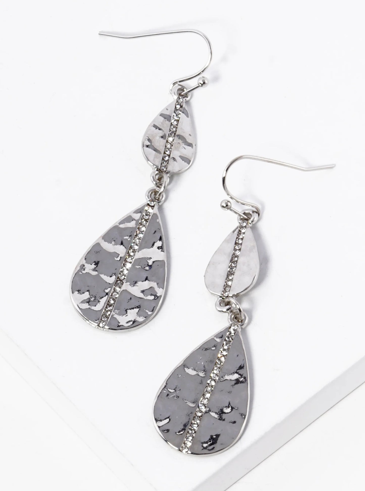Crystal Pave Hammered Double Teardrop Dangle Earrings