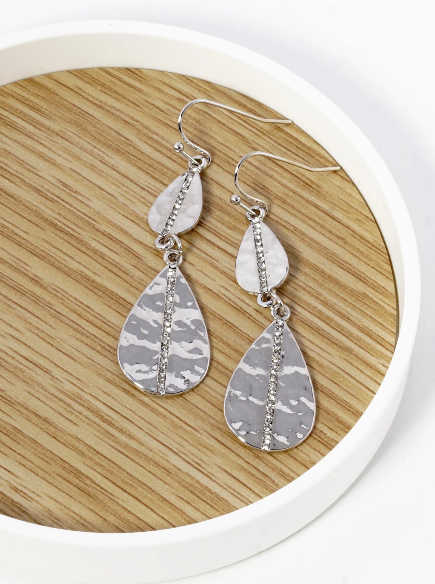 Crystal Pave Hammered Double Teardrop Dangle Earrings