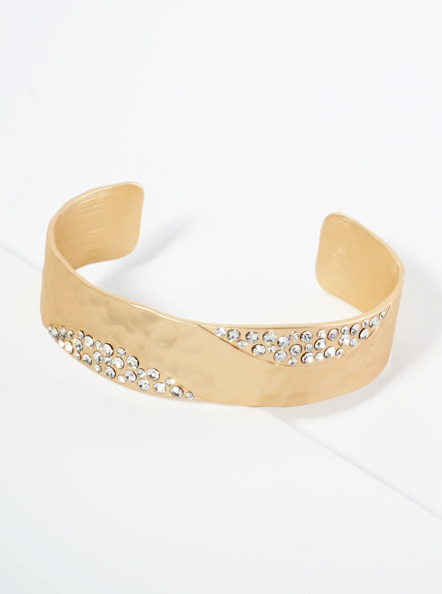 Crystal Pave Hammered Metal Open Cuff Bracelet