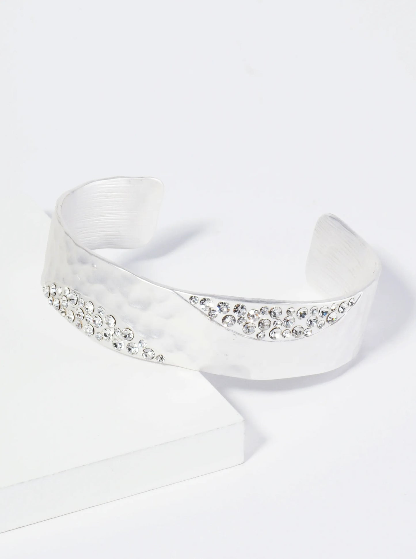 Crystal Pave Hammered Metal Open Cuff Bracelet