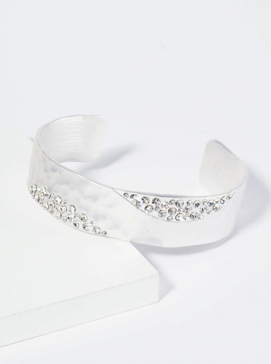 Crystal Pave Hammered Metal Open Cuff Bracelet