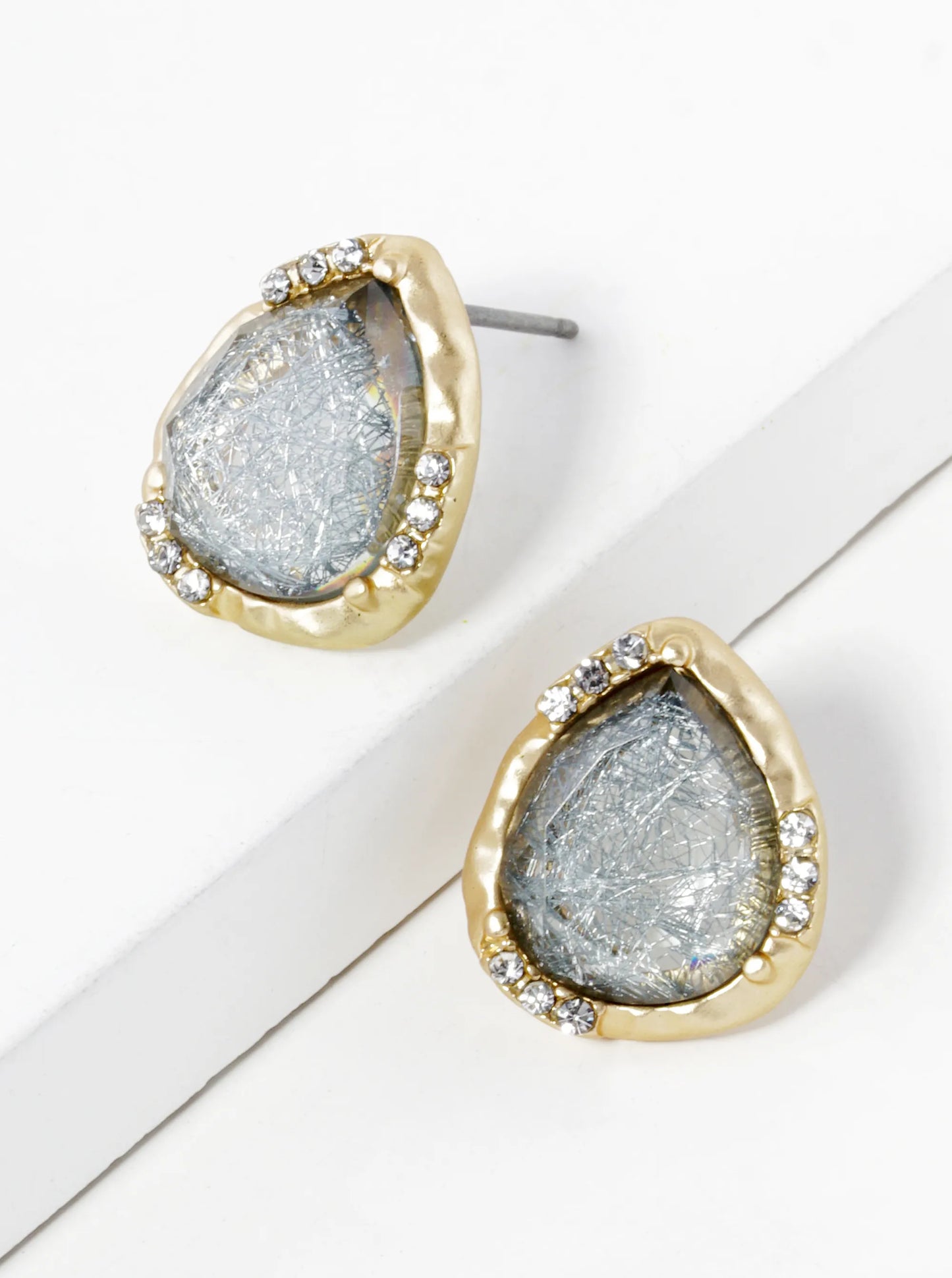 Crystal Pave Hammered Teardrop Shape Glass Stone Stud Earrings