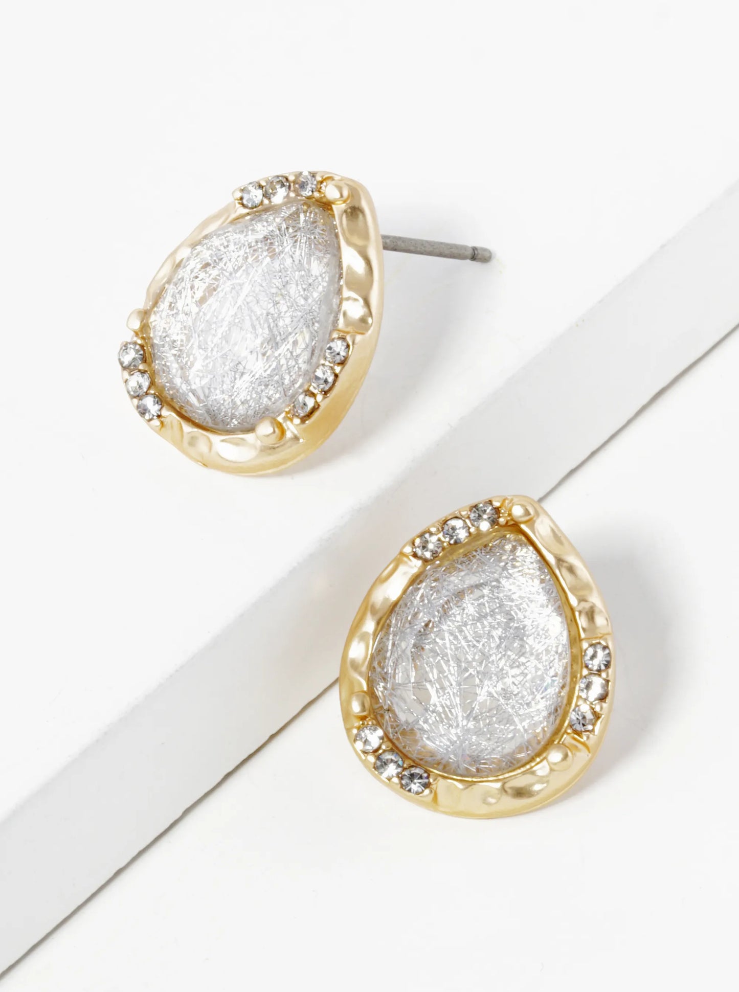 Crystal Pave Hammered Teardrop Shape Glass Stone Stud Earrings