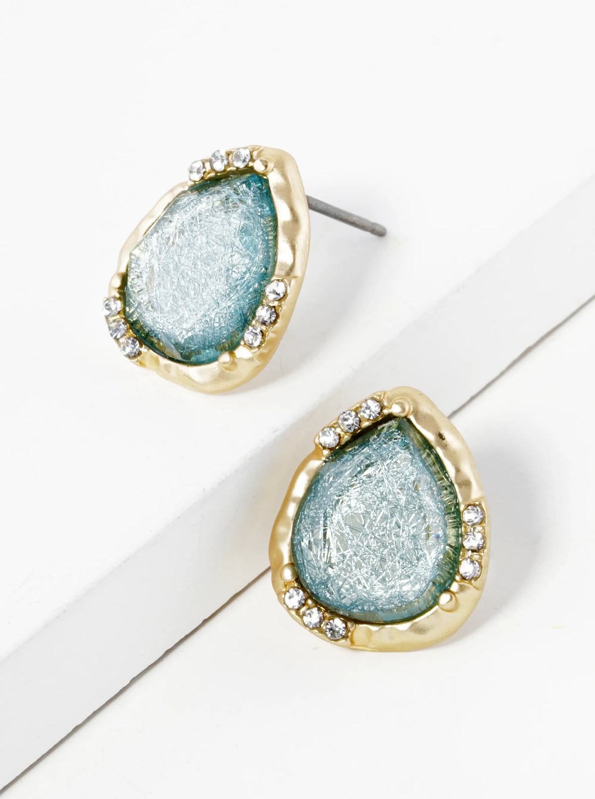Crystal Pave Hammered Teardrop Shape Glass Stone Stud Earrings