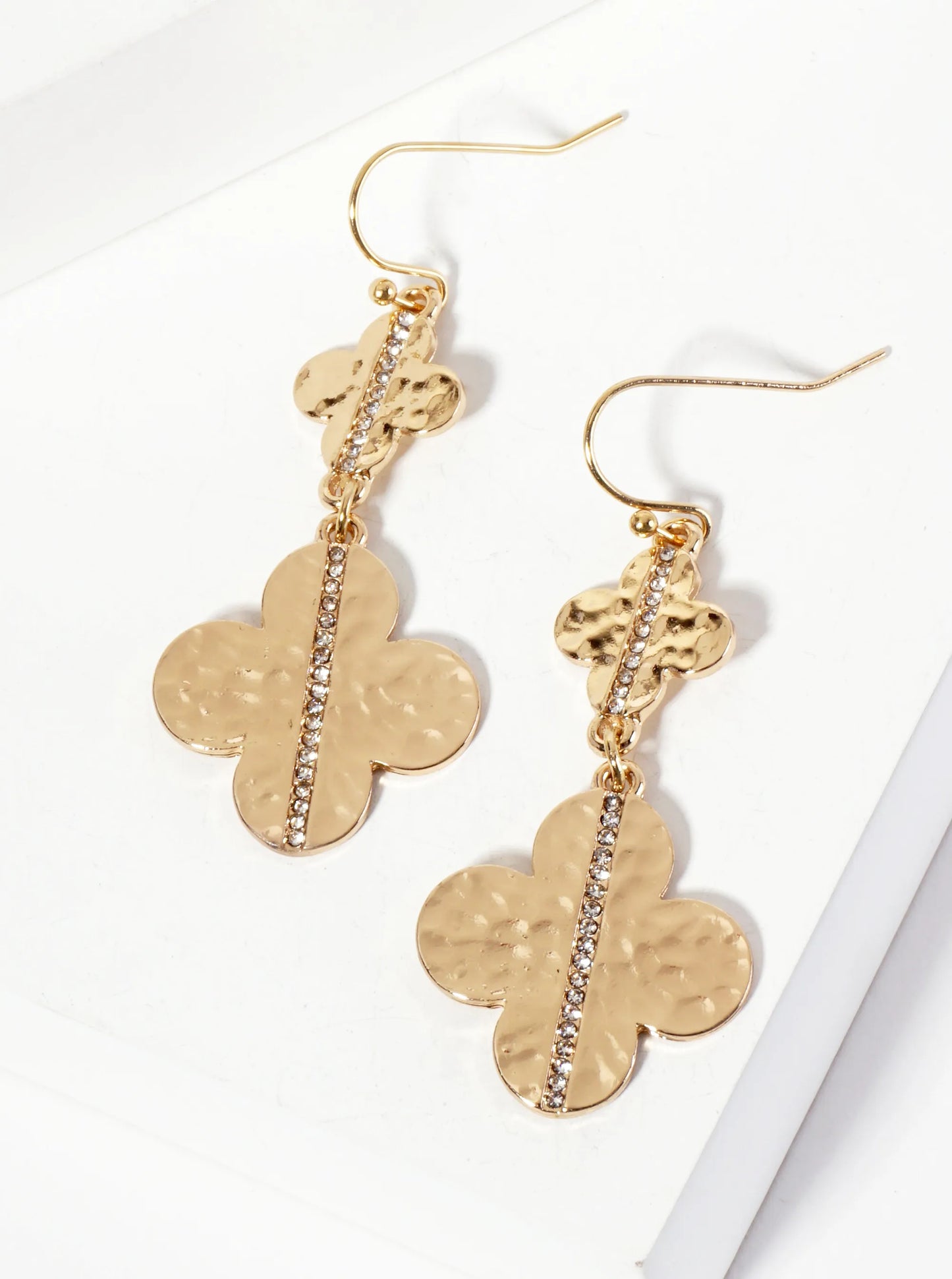 Crystal-Pave Hammered-Texture Double-Quatrefoil Drop Dangle Earrings