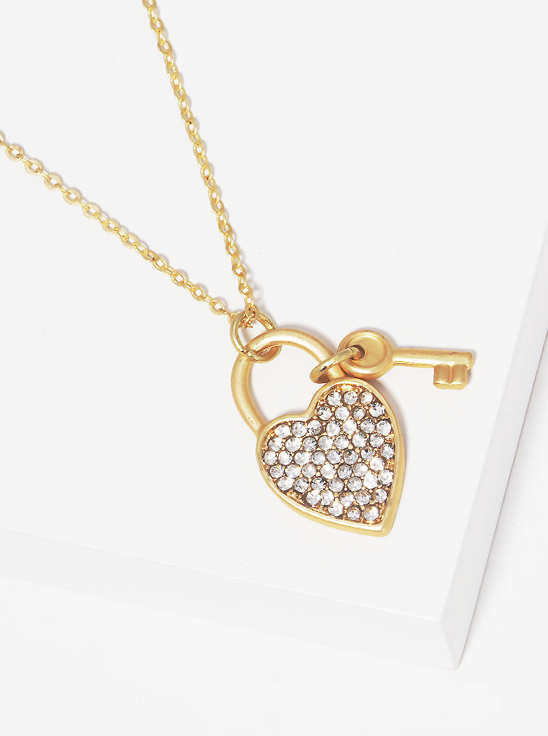 Crystal Pave Heart Love Lock With Key Pendant Necklace