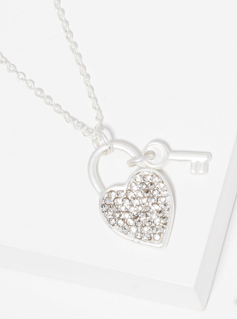 Crystal Pave Heart Love Lock With Key Pendant Necklace