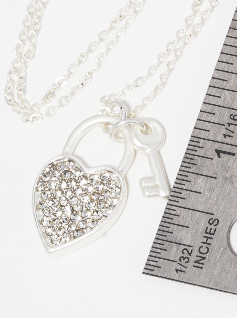 Crystal Pave Heart Love Lock With Key Pendant Necklace