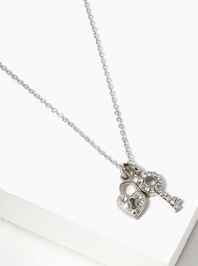 Crystal Pave Heart Padlock And Key Pendant Necklace