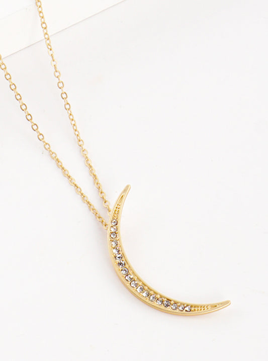 Crystal Pave Metal Crescent Moon Pendant 32 Inch Long Necklace