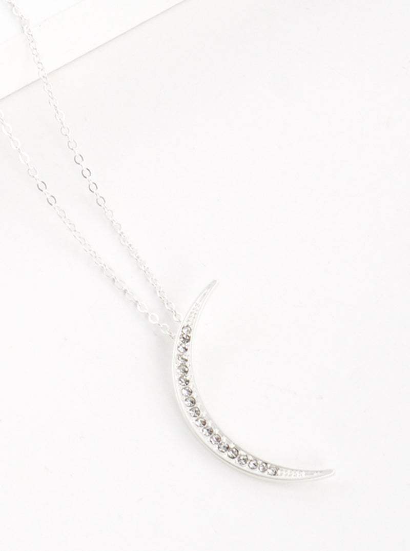 Crystal Pave Metal Crescent Moon Pendant 32 Inch Long Necklace