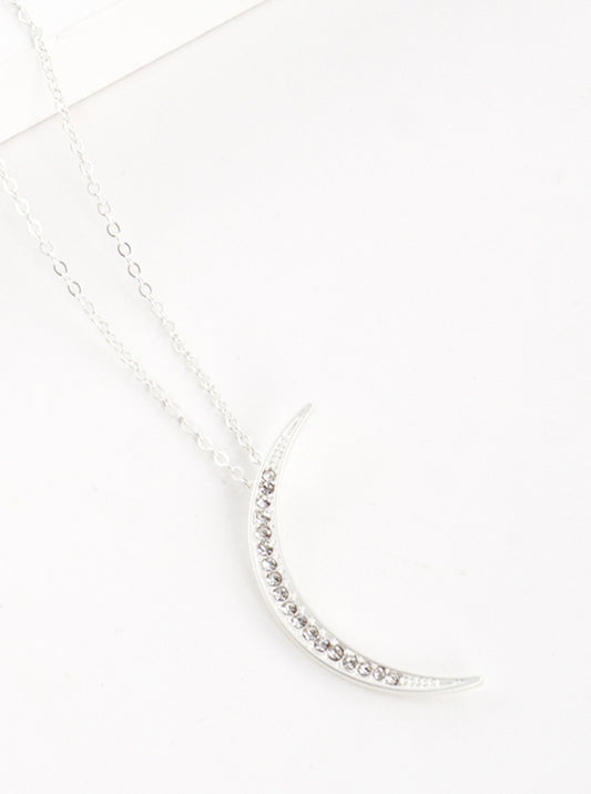 Crystal Pave Metal Crescent Moon Pendant 32 Inch Long Necklace
