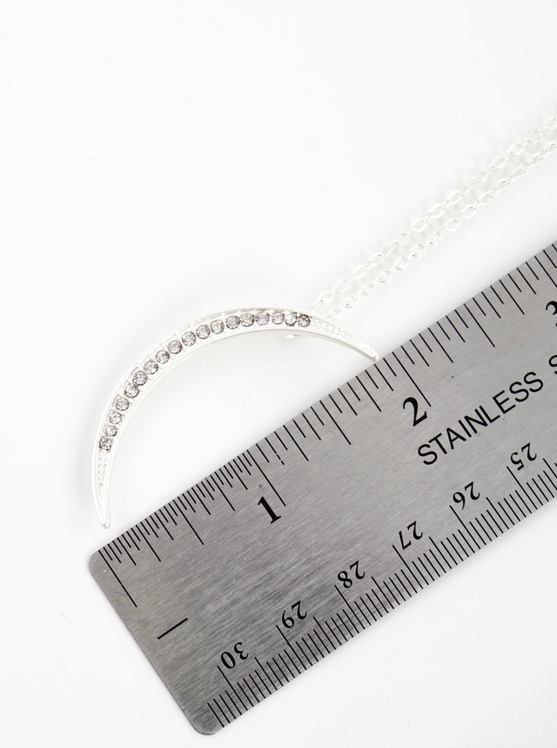 Crystal Pave Metal Crescent Moon Pendant 32 Inch Long Necklace