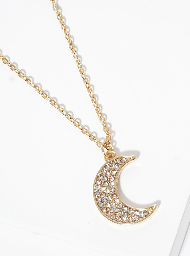 Crystal Pave Moon Pendant Delicate Necklace