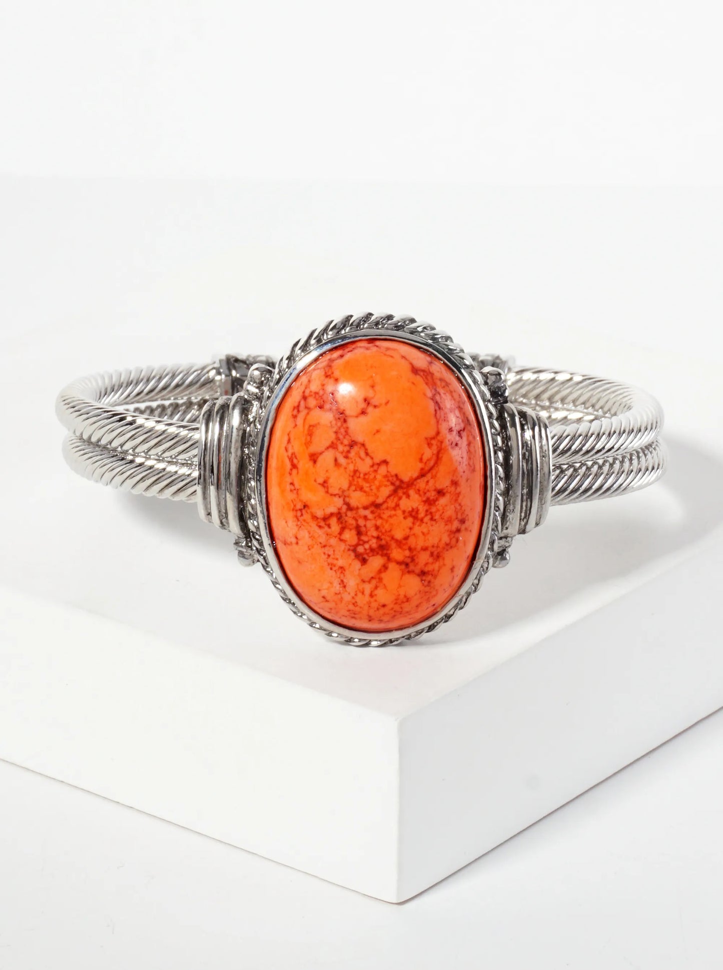 Crystal-Pave Oval-Shaped 30mm Semi-Precious Natural-Stone Open Cuff Bracelet