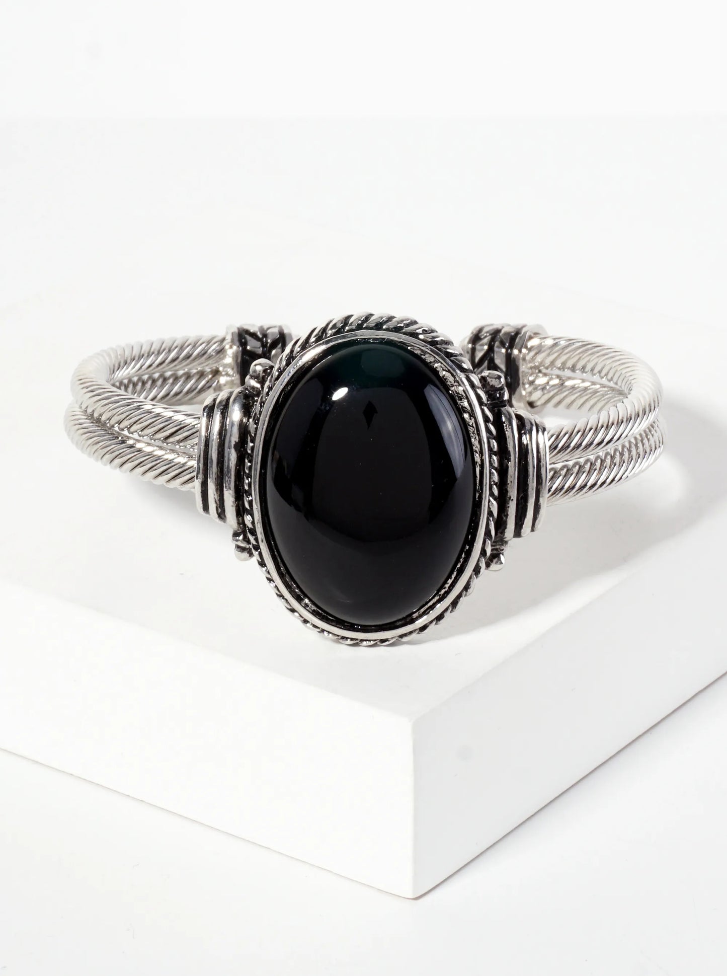 Crystal-Pave Oval-Shaped 30mm Semi-Precious Natural-Stone Open Cuff Bracelet