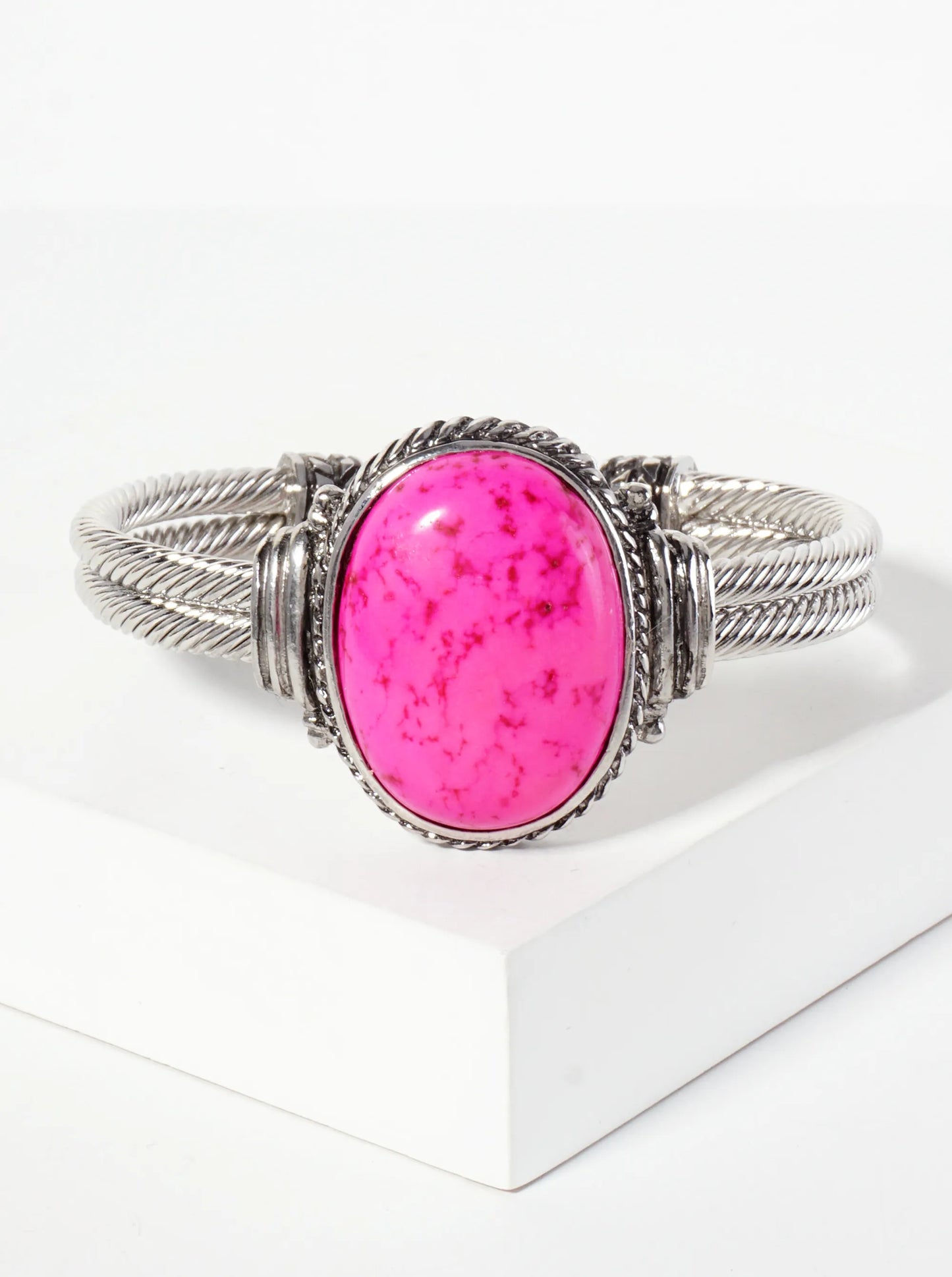 Crystal-Pave Oval-Shaped 30mm Semi-Precious Natural-Stone Open Cuff Bracelet