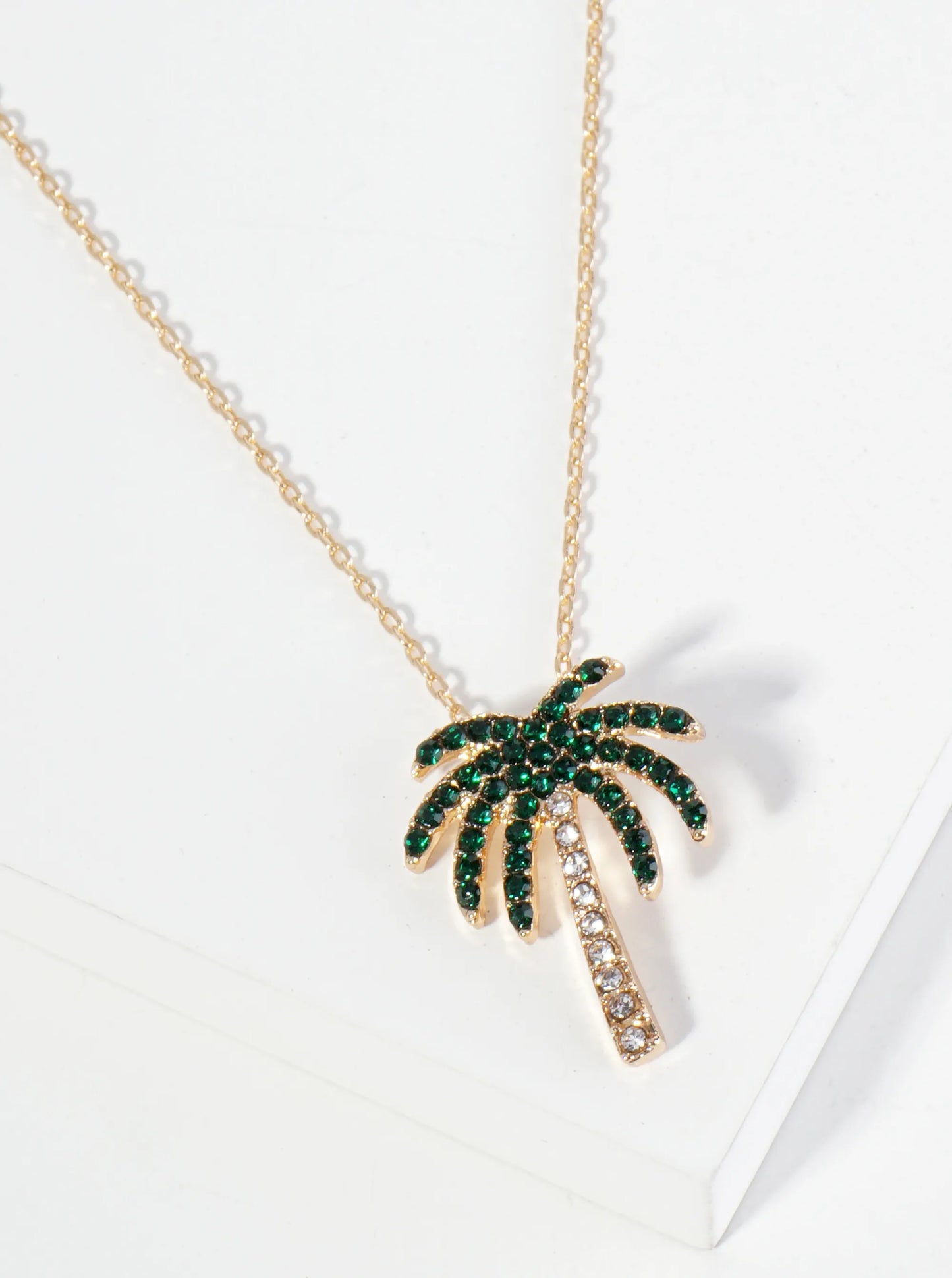Crystal Pave Palm Tree Pendant 16 Inch Necklace