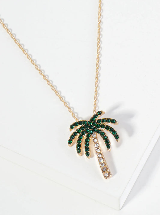 Crystal Pave Palm Tree Pendant 16 Inch Necklace