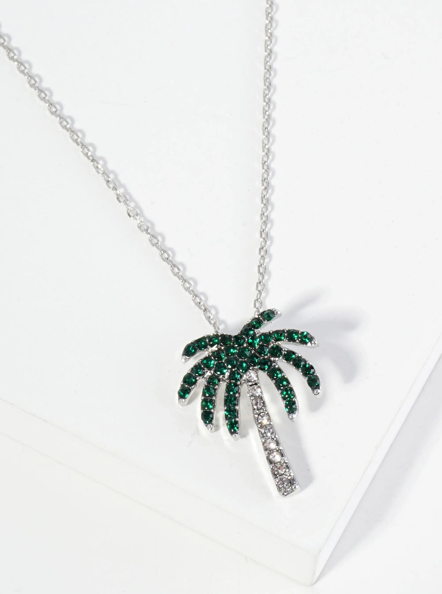 Crystal Pave Palm Tree Pendant 16 Inch Necklace