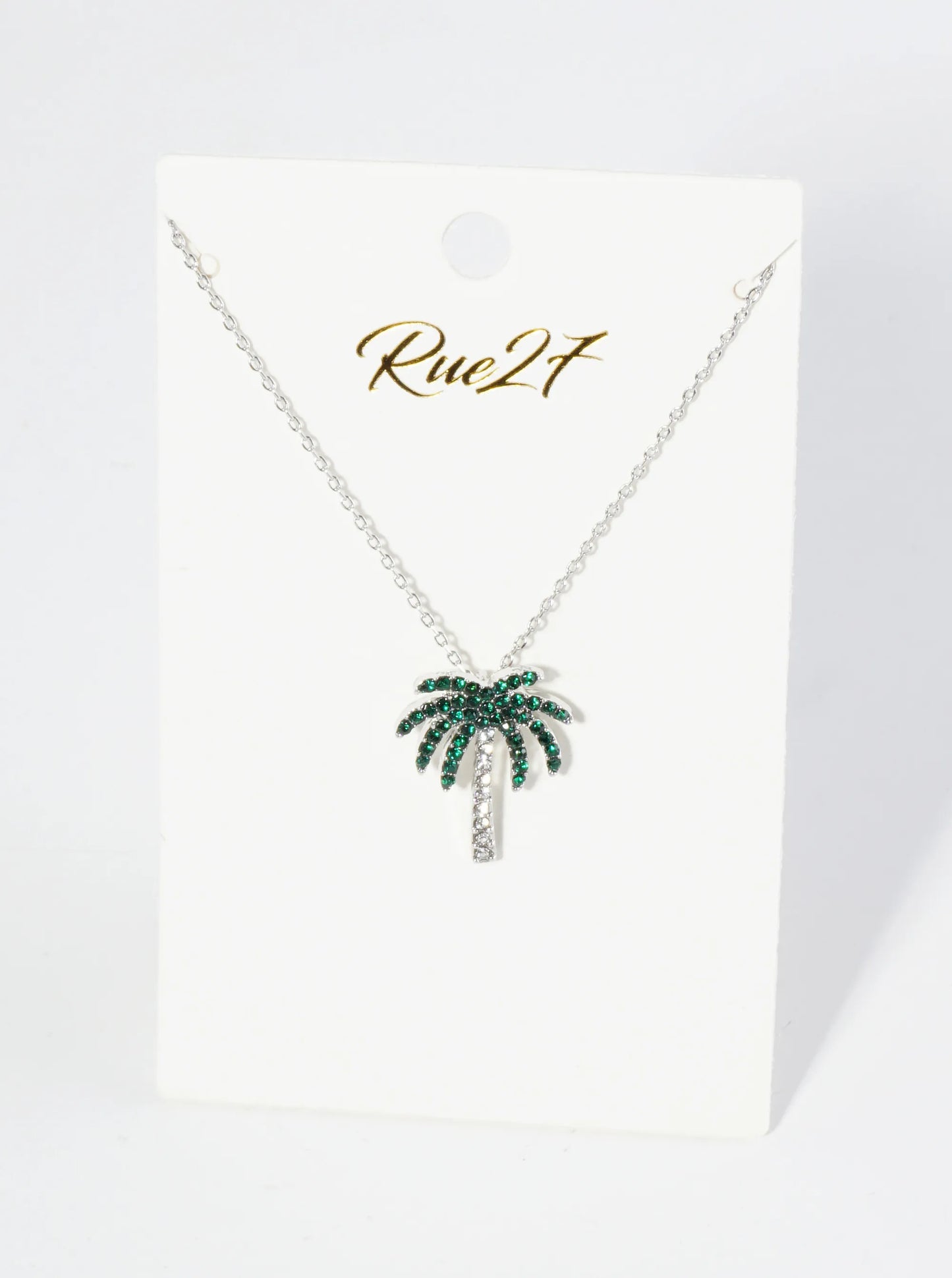 Crystal Pave Palm Tree Pendant 16 Inch Necklace
