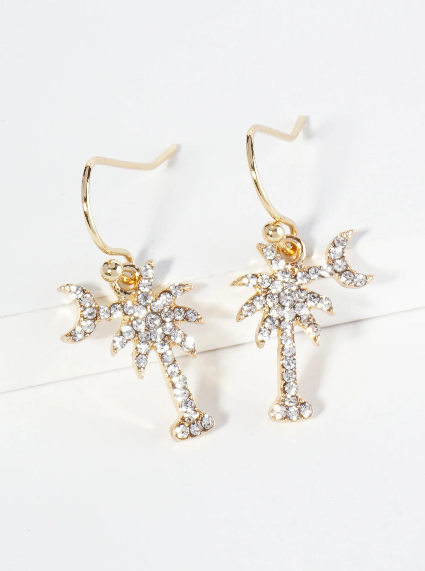 Crystal Pave Palm Tree And Moon Drop Dangle Earrings