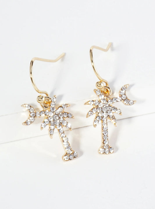 Crystal Pave Palm Tree And Moon Drop Dangle Earrings