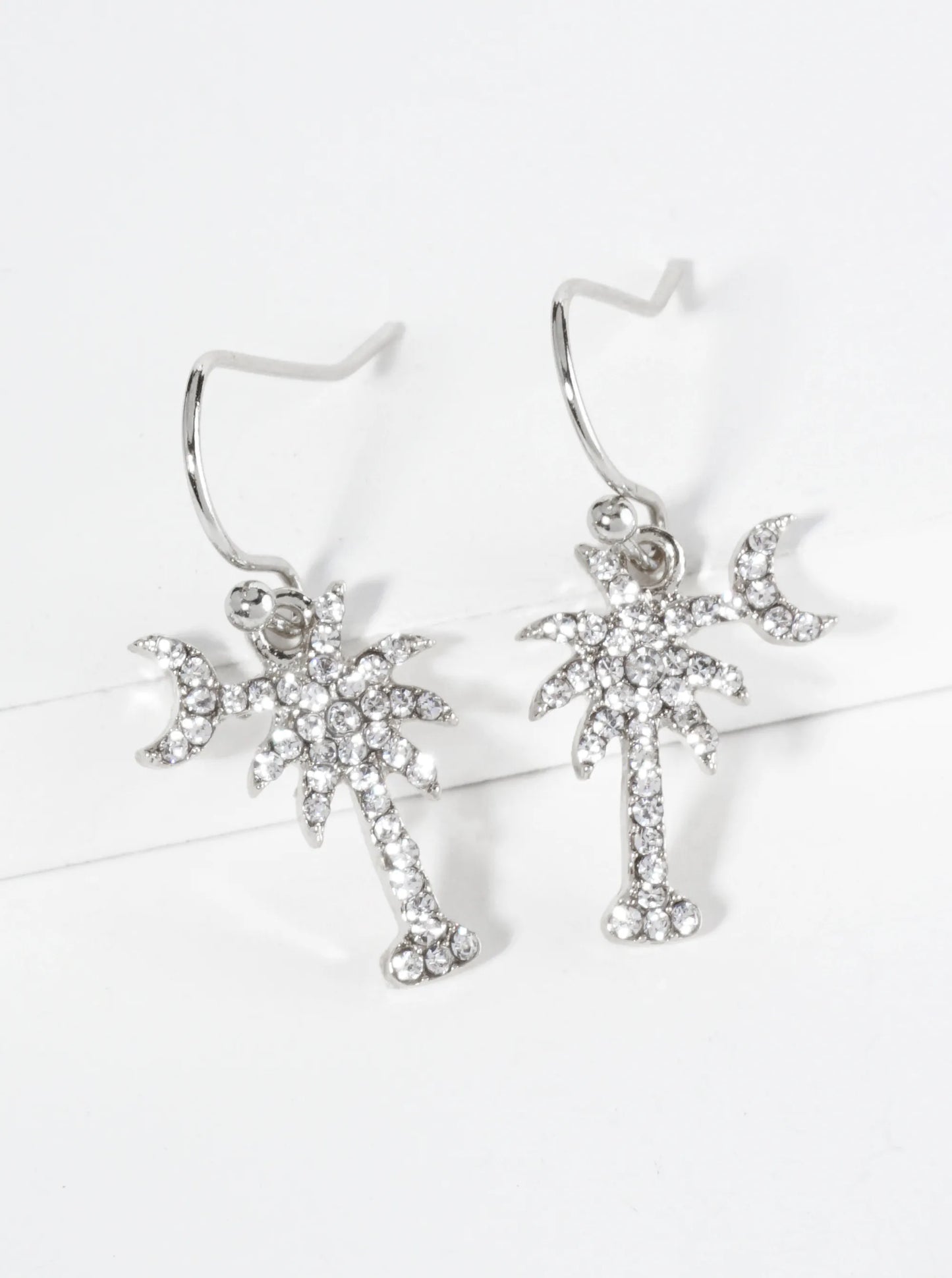 Crystal Pave Palm Tree And Moon Drop Dangle Earrings