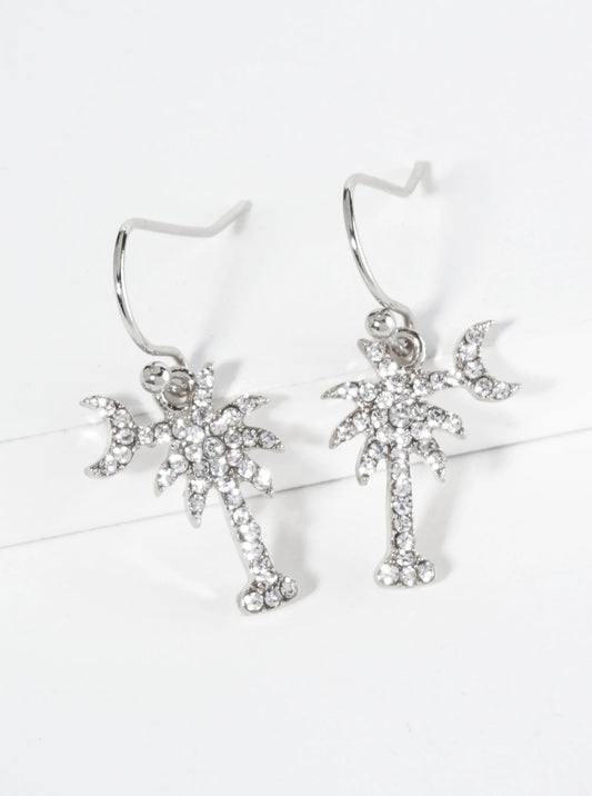 Crystal Pave Palm Tree And Moon Drop Dangle Earrings